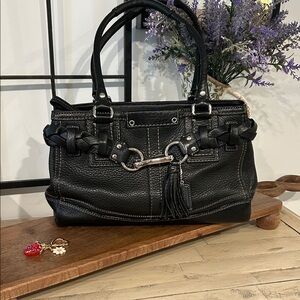 Coach Black Leather Shoulder Bag with Braided Trim